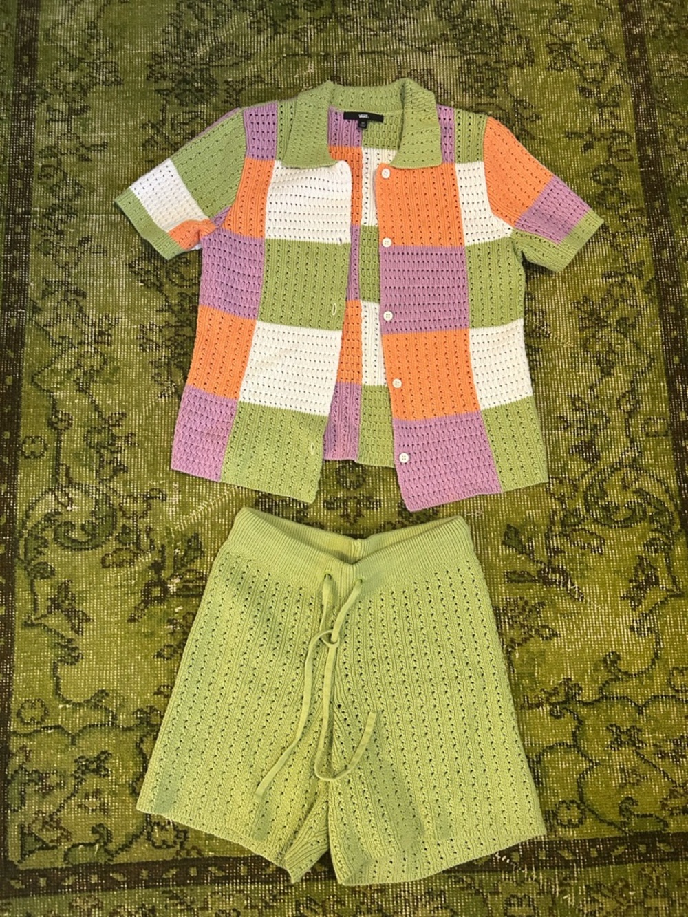Vans Patchwork Crochet Button-Down Top in Green, Purple, Orange, White